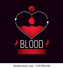 Blood transfusion vector symbol created with red heart shape with arrows and blood drops. Volunteer donorship, healthcare and medical treatment conceptual logo.