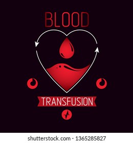 Blood transfusion vector symbol created with red heart shape with arrows and blood drops. Volunteer donorship, healthcare and medical treatment conceptual logo.