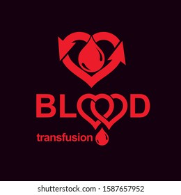 Blood transfusion vector symbol created with red heart shape with arrows and blood drops. Volunteer donorship, healthcare and medical treatment conceptual logo.