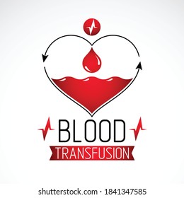 Bluttransfusionsvektorsymbol mit roter Herzform mit Pfeilen und Bluttropfen. Logo für freiwillige Spende, Gesundheitsversorgung und medizinische Behandlung.
