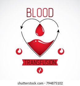 Blood transfusion vector symbol created with red heart shape with arrows and blood drops. Volunteer donorship, healthcare and medical treatment conceptual logo.