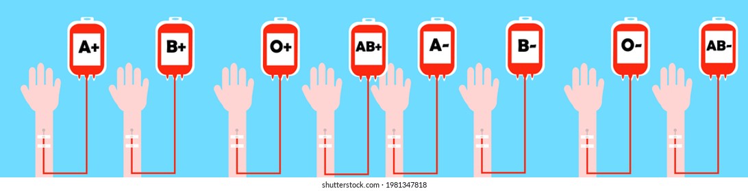 Blood type A+, A-, B+, B-, AB+, AB-, O+ and O-.Donation bag and hand.World blood donor day.Sign, symbol, icon or logo isolated.Save life concept.Medical background.Poster vector illustration.