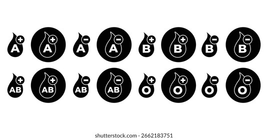 Blood Type Black Icon Featuring A B O AB Positive and Negative Signage Vector Flat Illustration 