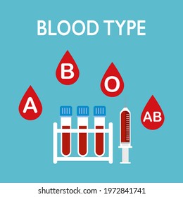 Blood type concept vector illustration. Blood samples in test tube, injection syringe and blood drop with A, B, O, AB group label in flat design.