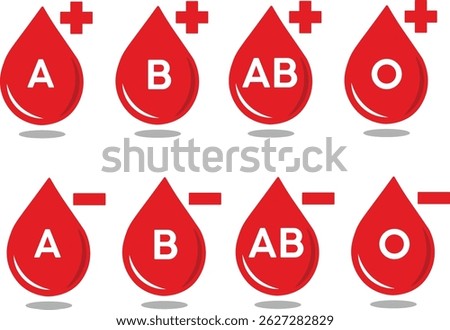 Blood Type Icons Representing ABO Groups with Positive and Negative Indicators. Colorful vector illustration showcasing ABO blood groups and Rh factors with plus and minus signs. Useful for medical, 