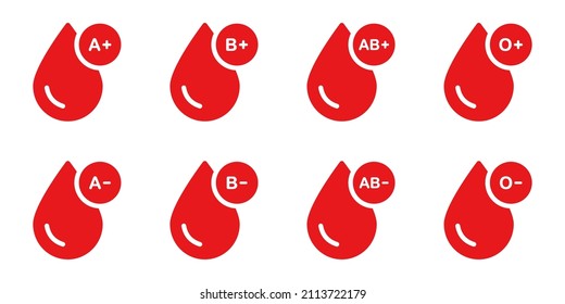 Blood Type Silhouette Icon. Group Of Blood Pictogram. O, A, B, AB Positive And Negative Type Of Blood Pictogram Set. Red Plasma Drops Collection. Bleed Donation Concept. Isolated Vector Illustration.