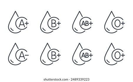 Blood type vector icons. Editable stroke thin line set. Black blood drop symbol with group A, B, AB, O positive and negative rhesus. Blood transfusion, donation, laboratory tests, medical procedures