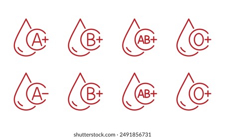 Blood type vector icons. Editable stroke thin line set. Red blood drop symbol with group A, B, AB, O positive and negative rhesus. Blood transfusion, donation, laboratory tests, medical procedures
