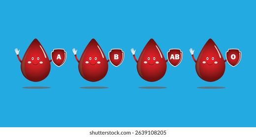 blood type vector with writing identifying each blood from A, B, AB and O with eye and hand expressions and a blue background, suitable for presentations to children