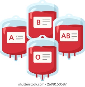 Tipos de Sangue: A, B, AB e O na ilustração de sacos de sangue