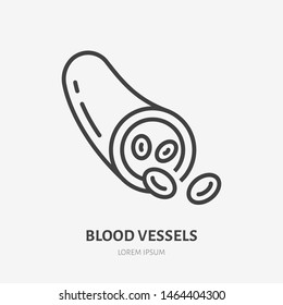 Blood vessel flat line icon. Vector thin pictogram of vein with molecules, outline illustration for hematology clinic.