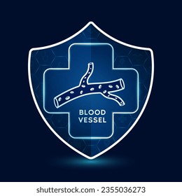 Icono de vaso sanguíneo dentro del escudo con símbolo de signo médico cruzado futurista. Protección de la inmunidad de la innovación en la atención médica. Sobre fondo azul oscuro. Vector de contorno plano simple de órganos pulmonares humanos.