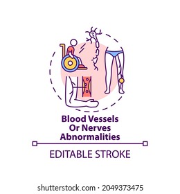 Blood vessels and nerves abnormalities concept icon. Amputation cause idea thin line illustration. Nerve damage. Normal blood flow absence. Vector isolated outline RGB color drawing. Editable stroke