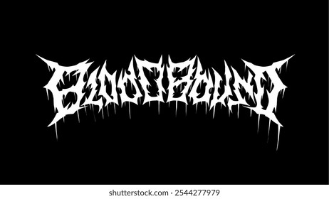 Bloodbound" em uma fonte afiada, irregular e distorcida, perfeito para logotipos de bandas de metal, temas de horror ou projetos de design escuro. O texto apresenta um efeito de gotejamento, semelhante ao sangue, adicionando um intenso. EPS