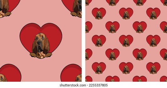 Bloodhound dog with paws pattern, Valentine's day heart wallpaper. Love heart with pet head holiday texture. Dog face Holding Heart Cartoon square background. St Valentine's day present paper.