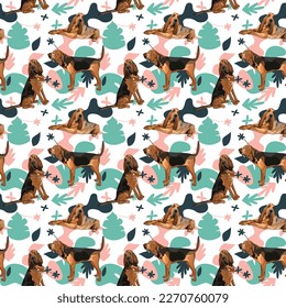 Bloodhound dog wallpaper with leaves, palms, flowers, plants. Pastel green, pink, navy. Holiday abstract natural shapes. Seamless floral background with dogs, repeatable pattern. Birthday wallpaper. 