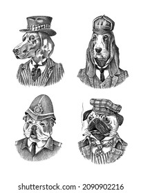 Bloodhound and German Shorthaired Pointer. Pug dog smokes a cigar. English Bulldog in police suit. Fashion Animal character in clothes. Hand drawn sketch. Vector engraved illustration for label