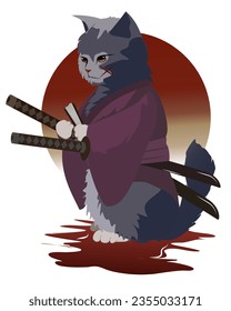 Bloodied Honor: The Cross-Cheeked Samurai Cat Beneath the Red Sun