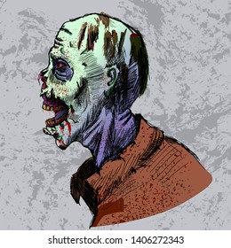 bloodthirsty vector zombie in profile with lips gnawed opened his mouth