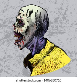 bloodthirsty vector zombie in profile with lips gnawed opened his mouth