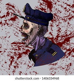 bloodthirsty Zombie policeman with open mouth in profile with peeled skin