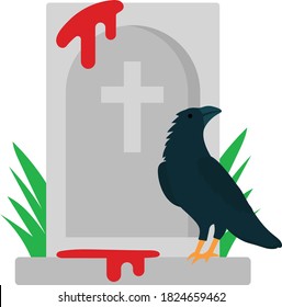 Bloody cemetery and crow Concept Vector Icon Design, Halloween 31 October Symbol on White background, Bird in Graveryard Sign