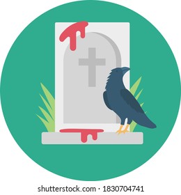 Bloody cemetery and crow Concept Vector Icon Design, Graveyard and Evil Animal Sign, Halloween 31 October Symbol on White background, Bird in Graveryard Sign