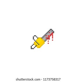 Bloody chainsaw. Pixel art. Old school computer graphic. 8 bit video game. Game assets 8-bit sprite. Games elements.