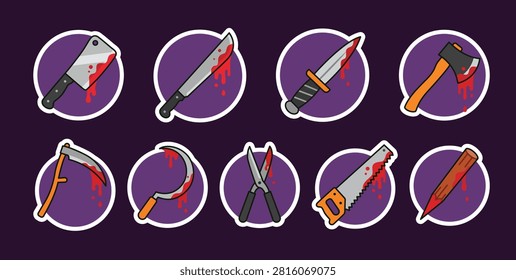 Bloody cold steel weapons and sharp tools icons set. Halloween illustrations stickers. Collection of bloody cleaver, machete, combat knife, axe, scythe, sickle, shears, saw, and wooden stake badges