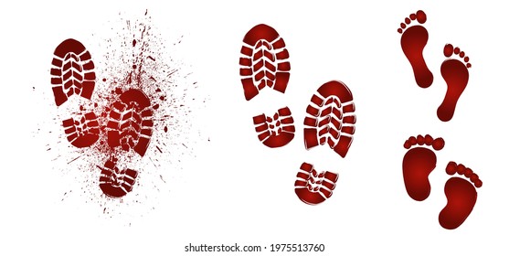 Bloody foot print with blood of the dead, horror design with dirty red footstep for halloween party Flat vector pictogram. Scary elements with stain, splatter and streams. Bleeding baby feet.