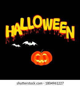 Bloody halloween text on black background.Pumpkin and bats.
