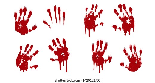 Bloody hand print set isolated white background. Horror scary blood handprint, fingerprint. Red palm, fingers, stain, splatter, streams. Symbol horror zombie, murder, violence Vector illustration