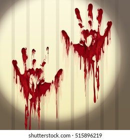 Bloody Hand Prints On A Wall Lit By Flashlight. Vector Illustration