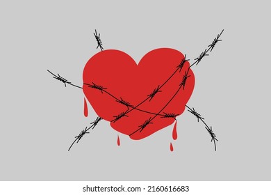 Bloody Heart Sign With Wire Around. Love Symbol Coiled With Rod. Concept Of Broken Relationships, Divorce And Breakup. Love Hurts. Flat Vector Illustration. 