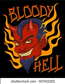 "Bloody Hell" T-Shirt design, poster art. Red face devil with flames and vintage background.