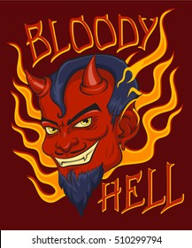 "Bloody Hell" T-Shirt design, poster art. Red face devil with flames and vintage background.