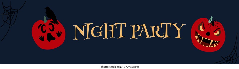 Bloody Jack o lanterns.Halloween spooky night horizontal banner with various pumpkins with weird facial expressions.Day of the Dead.Vector party invitation,print for fabric.Scared emotions.Gothic text