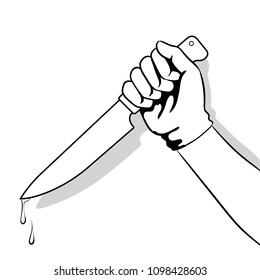 Bloody knife in hand coloring vector illustration. Isolated image on white background. Comic book style imitation.
