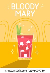 Bloody Krwawa Mary cocktail in glass with ice. Classic summer alcohol drink illustration square card. Minimal poster with alcoholic beverage. Vector bright illustration.Wall decoration, prints, poster