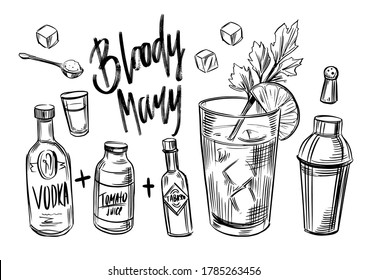 Bloody Mary. Alcohol coctail. Black outline on transparent background