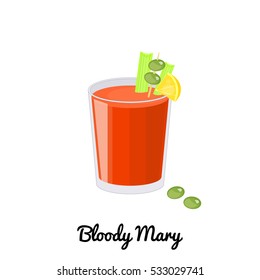 Bloody Mary alcoholic cocktail with garnish in cartoon style isolated on white background.