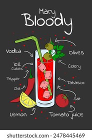 Bloody Mary Alcoholic Cocktail Recipe Hand Drawn Vector Illustration on Gray Background. Doodle Design Engraving of Alcohol Drink for Bar, Restaurant, Print. Hand Sketch with Lettering.