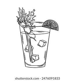 Bloody Mary Cocktail black and white outline vector illustration. Bar drink line art. Engraving style. Line drawing