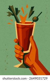 Bloody Mary cocktail with celery and olive held in hand