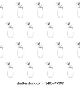 Bloody Mary Cocktail decorated with three olives on a stick, lemon and celery. Seamless pattern of cocktails. Monochrome sketch, hand drawing. Outline, doodle. Vector illustration. EPS10