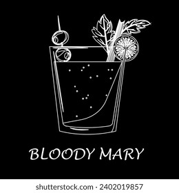 Bloody Mary cocktail drawing with chalk on chalk board backgroundon. Glass of bloody mary cocktail with celery, olives and lime. For menu, cocktail cards.Vector illustration.