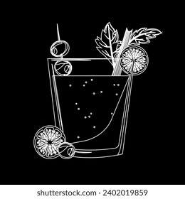 Bloody Mary cocktail drawing with chalk on chalk board backgroundon. Glass of bloody mary cocktail with celery, olives and lime. For menu, cocktail cards.Vector illustration.