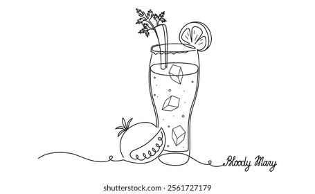 Bloody Mary cocktail drawn in one line. Sketch and handwritten text. Creative hand drawn vector illustration.