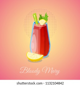Bloody Mary cocktail with garnish and lemon in cartoon style. Vector Illustration.