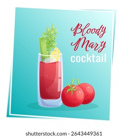 Bloody Mary cocktail in a glass, celery, tomato, on a blue background. The concept of a party, cocktail bar, summer. Isolated vector illustration for menu design, posters, banners, covers